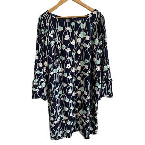 Talbots Womens 16 Navy Blue Floral Tiered Ruffle Bell Sleeve‎ Shift Dress Preppy